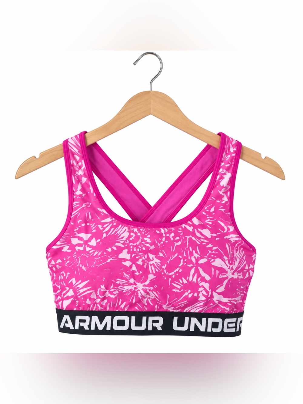 Under Armour Hot Pink Printed Crisscross Sports Bra Large Logo Band Activewear